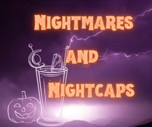 Illustration of a cocktail and a pumpkin with the show logo against a background of lightning