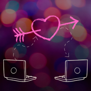 An illustration of two computers connected to a pink heart with dotted arrows