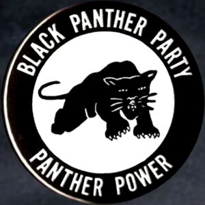 Button for the Black Panther Party with a drawing of a panther and the text "Black Panther Party Panther Power"