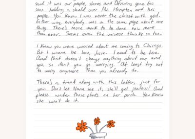 Page 3 of a letter with a doodle of a pot of orange flowers