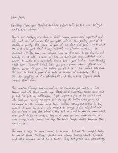 Page 1 of a letter on pink paper. Full text in caption.