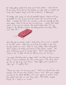 Page 2 of a letter on pink paper with a drawing of a pink eraser. Full text in caption.