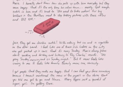 Page 2 of a letter on pink paper with a drawing of a pink eraser. Full text in caption.
