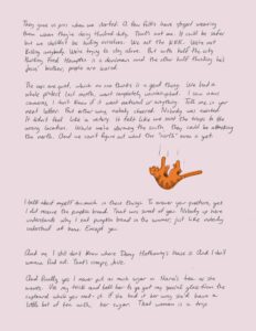 Page 3 of a letter on pink paper with a drawing of an orange cat. Full text in caption.