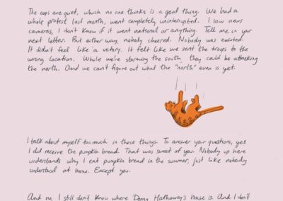 Page 3 of a letter on pink paper with a drawing of an orange cat. Full text in caption.