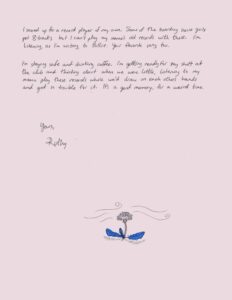 Page 4 of a letter on pink paper with a drawing of a flower with blue leaves. Full text in caption.