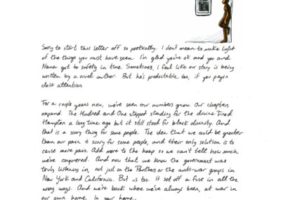 Page 1 of a letter on white paper with a drawing of a person leaning against a wall, colored in orange. Full text in caption.