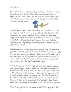 Page 2 of a letter on white paper with a drawing of three flowers, one blue and, one white, one yellow. Full text in caption.