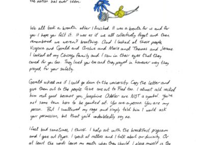 Page 2 of a letter on white paper with a drawing of three flowers, one blue and, one white, one yellow. Full text in caption.