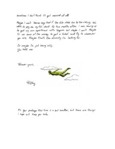 Page 3 of a letter on white paper with a drawing of a person flying through clouds, colored in yellow. Full text in caption.