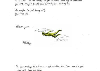 Page 3 of a letter on white paper with a drawing of a person flying through clouds, colored in yellow. Full text in caption.