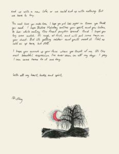 Page 3 of a letter on cream paper with a drawing of a willow tree and a pink crescent moon. Full text in caption.
