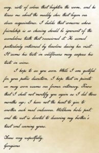 A page of a letter in black ink on ivory aged paper