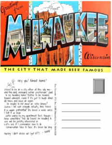 The word MILWAUKEE on an orange background over a large illustration of a stein of beer. The letters that spell Milwaukee have images inside of them of statues and buildings.
