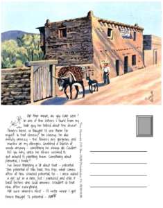 A tan house with a sign saying "Oldest house int he U.S." on a dirt road. A man in a hat walks by with a mule.