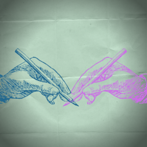 A drawing of a blue hand and a pink hand, both holding pens, on a green background