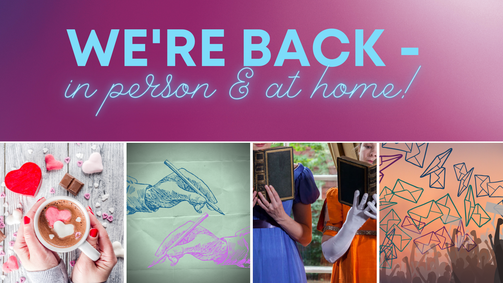 The text "We're back - in person & at home" on a purple background. On the bottom are four decorative images of the show art for the season.