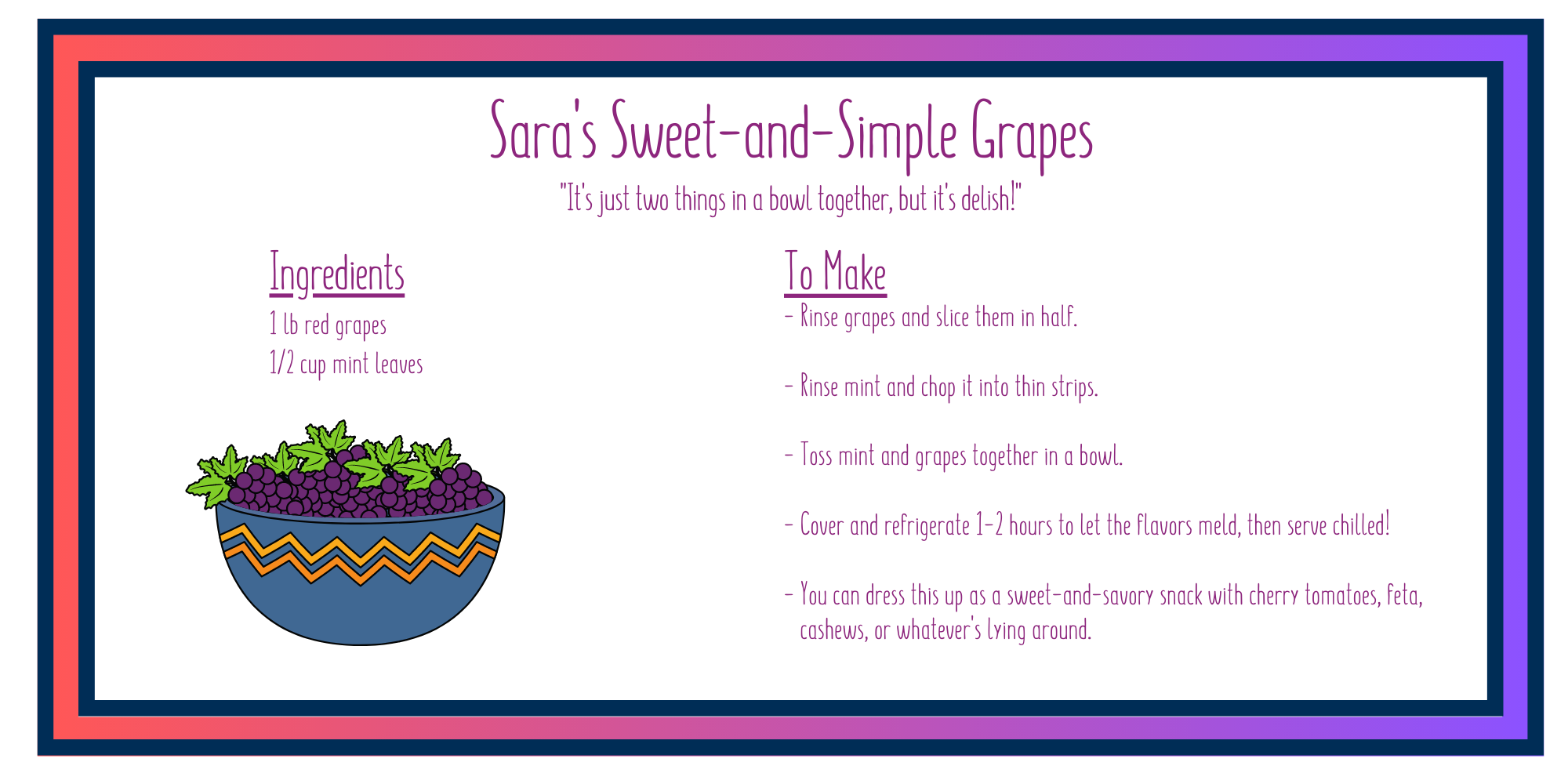 A recipe for grapes combined with chopped mint. Click for a PDF version.
