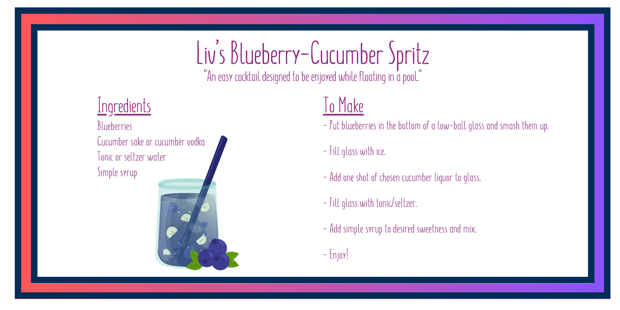 A recipe for a blueberry-cucumber cocktail. Click for PDF version.