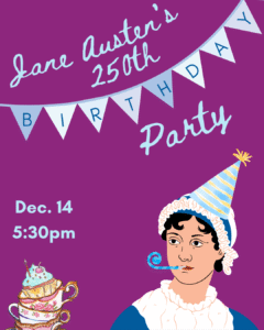 An illustration of Jane Austen in a party hat; text reads "Jane Austen's 250th Birthday Party"